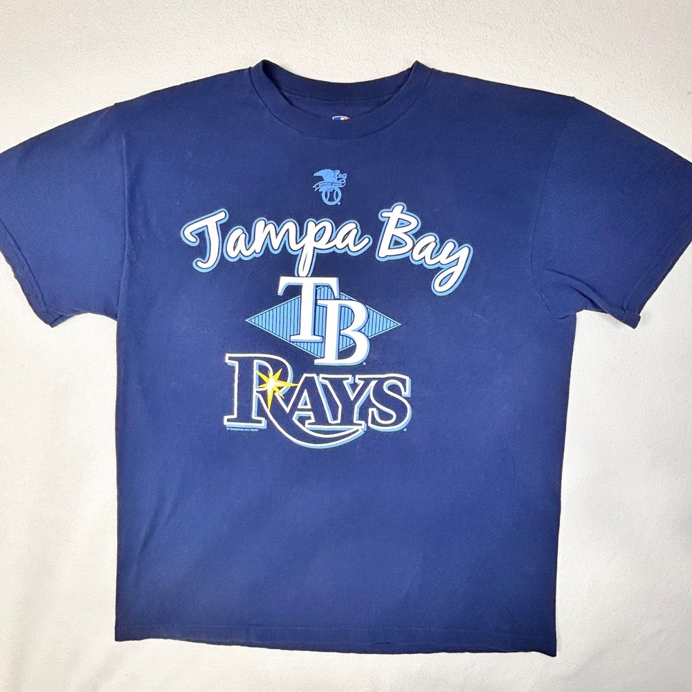 TAMPA BAY RAYS Short Sleeve T-Shirt Mens Large Navy Blue Cotton Blend